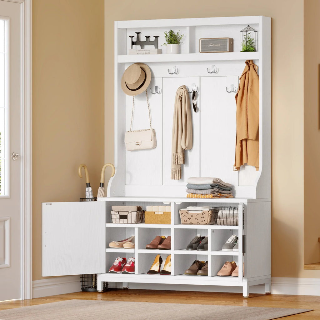 White 14 Hook Coat Rack with Storage Bench and Shoe Cabinet P90921