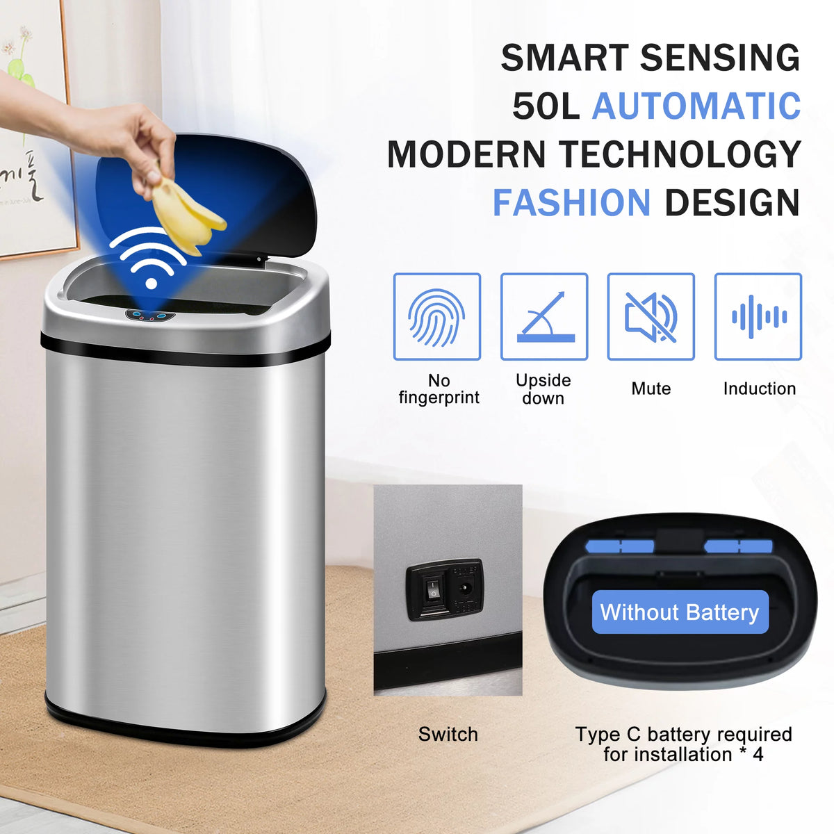 13 Gallon Stainless-Steel Automatic Motion Sensor Trash Can Y5326