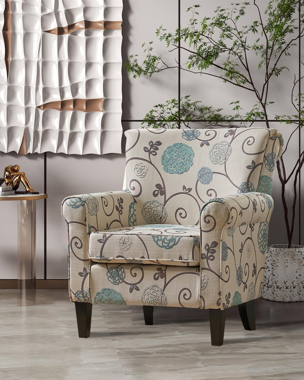White/Blue Crushed Floral Fabric Sofa with Wooden Metal Legs Y83199