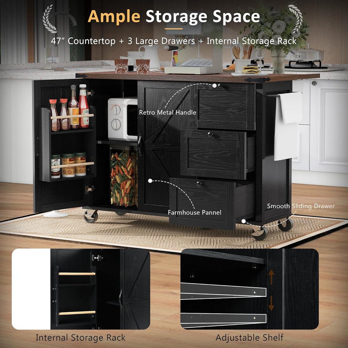 Black Kitchen Island with Power Outlet and Drop Leaf B284