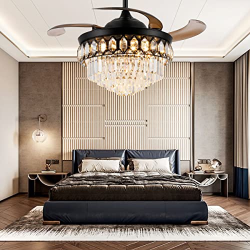 48" Black Ceiling Fan with Lights and Remote Control Retractable LED Crystal X297