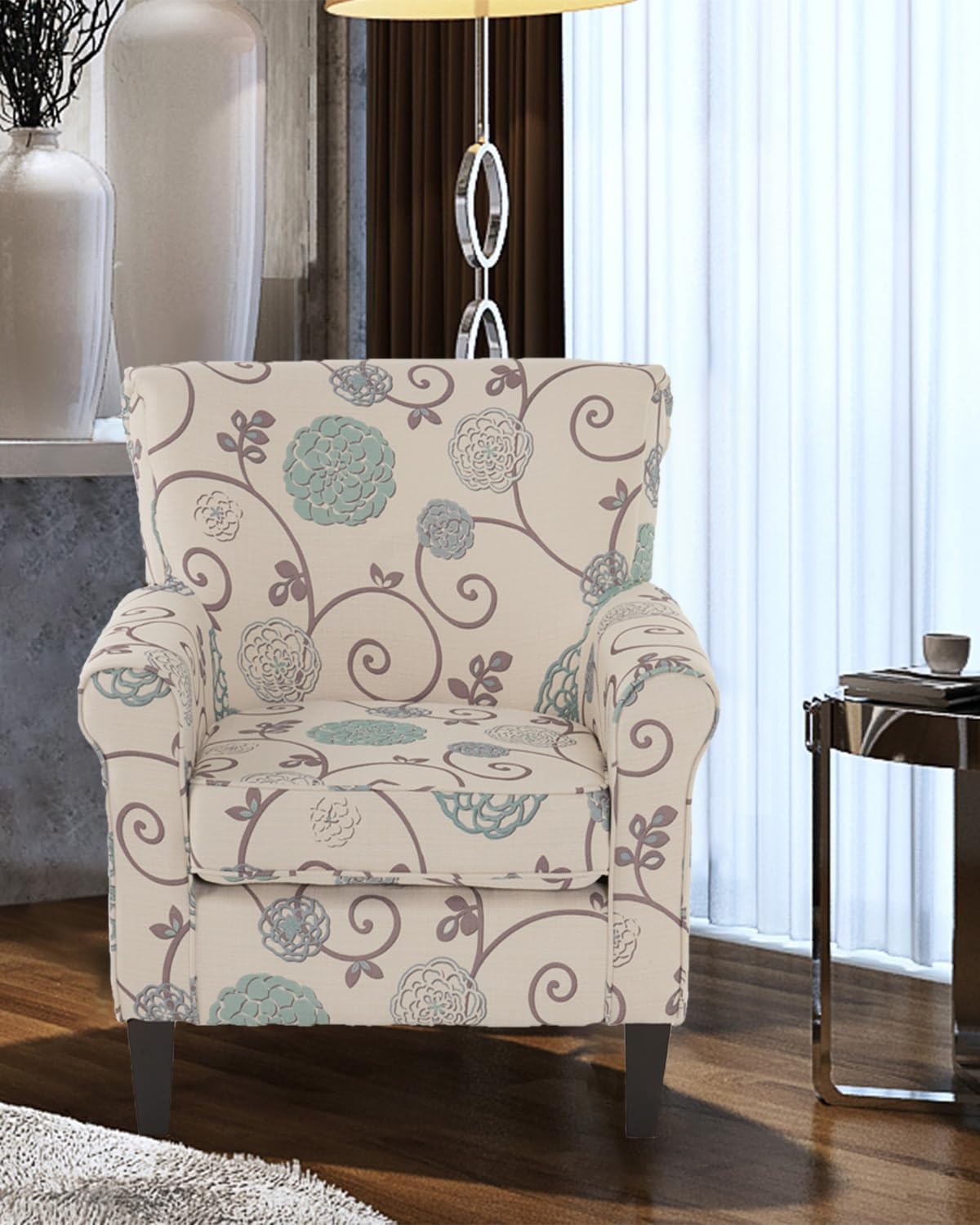 White/Blue Crushed Floral Fabric Sofa with Wooden Metal Legs Y83199