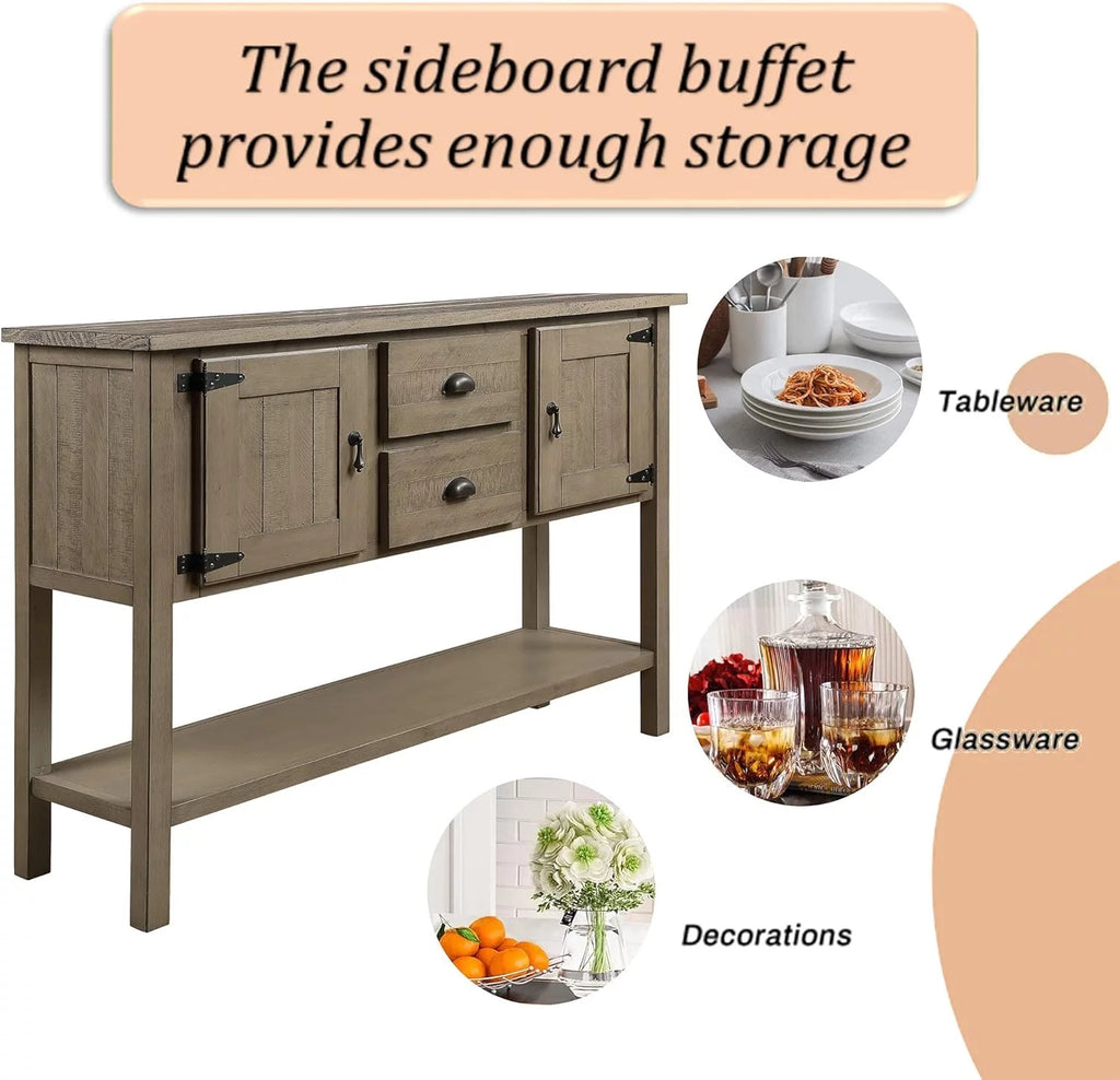 48 Inch Console Table With 2 Drawers And Cabinets And Bottom Shelf Solid Wood Sideboard Storage Buffet Server Cabinet D8669