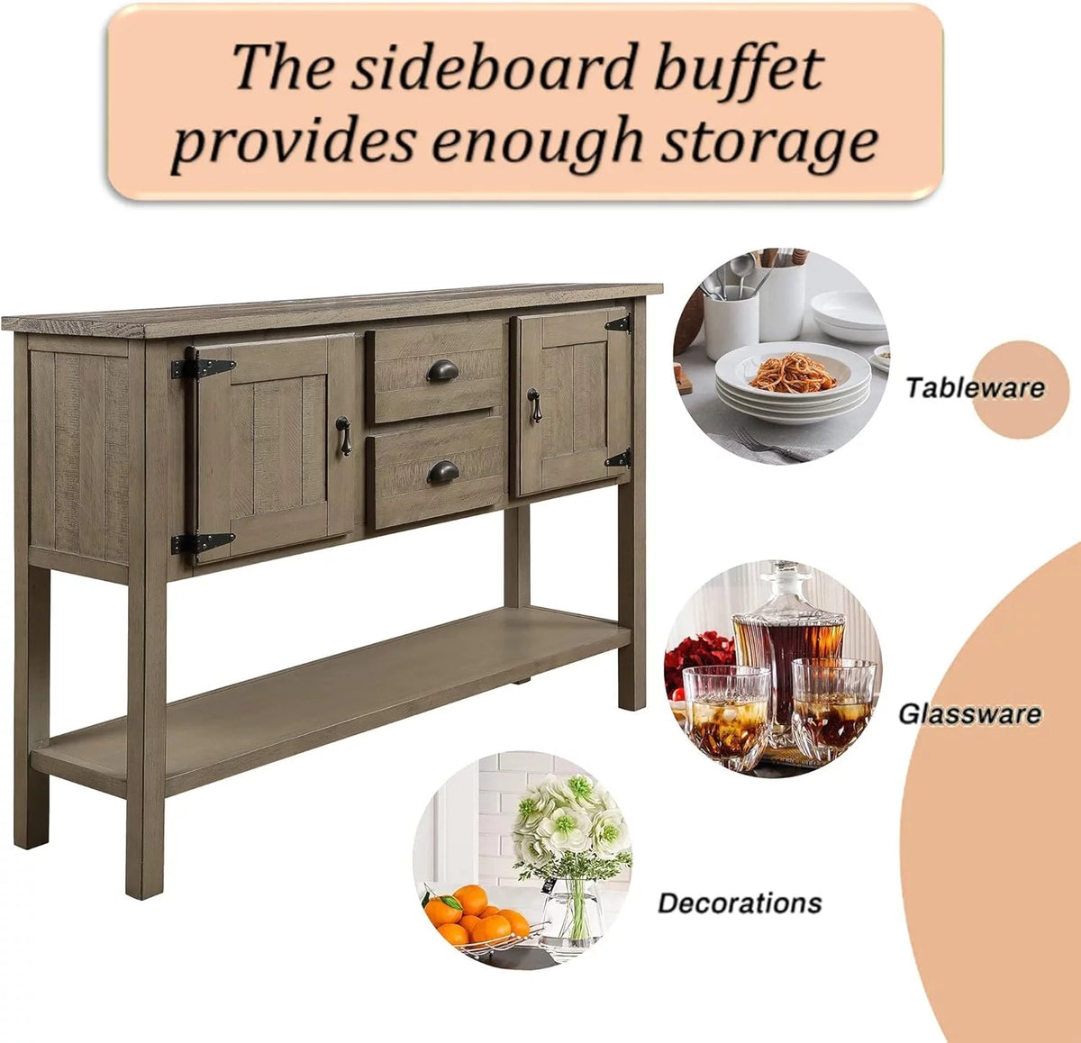 48 Inch Console Table With 2 Drawers And Cabinets And Bottom Shelf Solid Wood Sideboard Storage Buffet Server Cabinet D8669
