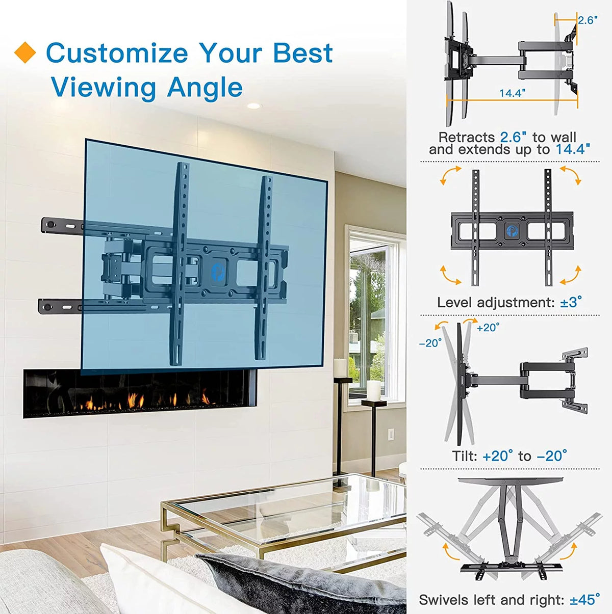 Full Motion TV Wall Mount Bracket for 26-65 inch TVs up to 88 lbs M1045