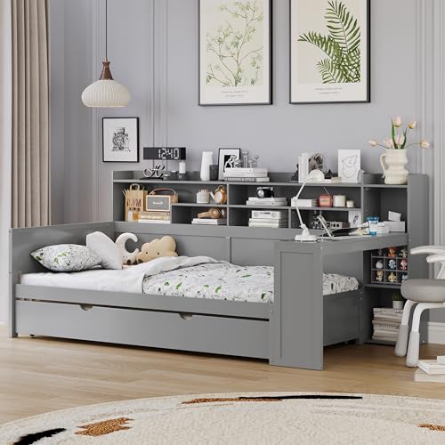 Gray Twin Corner Bed Frame with Storage Shelves and Desk C971