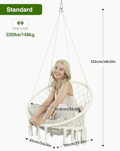 Beige Macrame Hanging Hammock Chair with Cushion Q754
