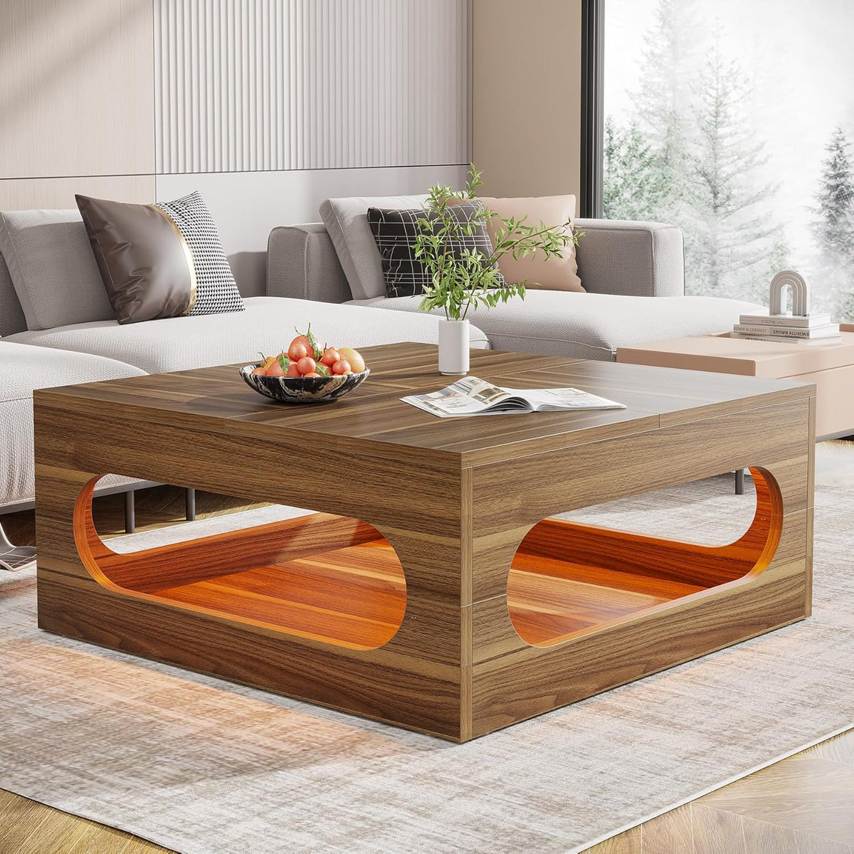 Brown Wood Coffee Table with Storage and LED Light M3182