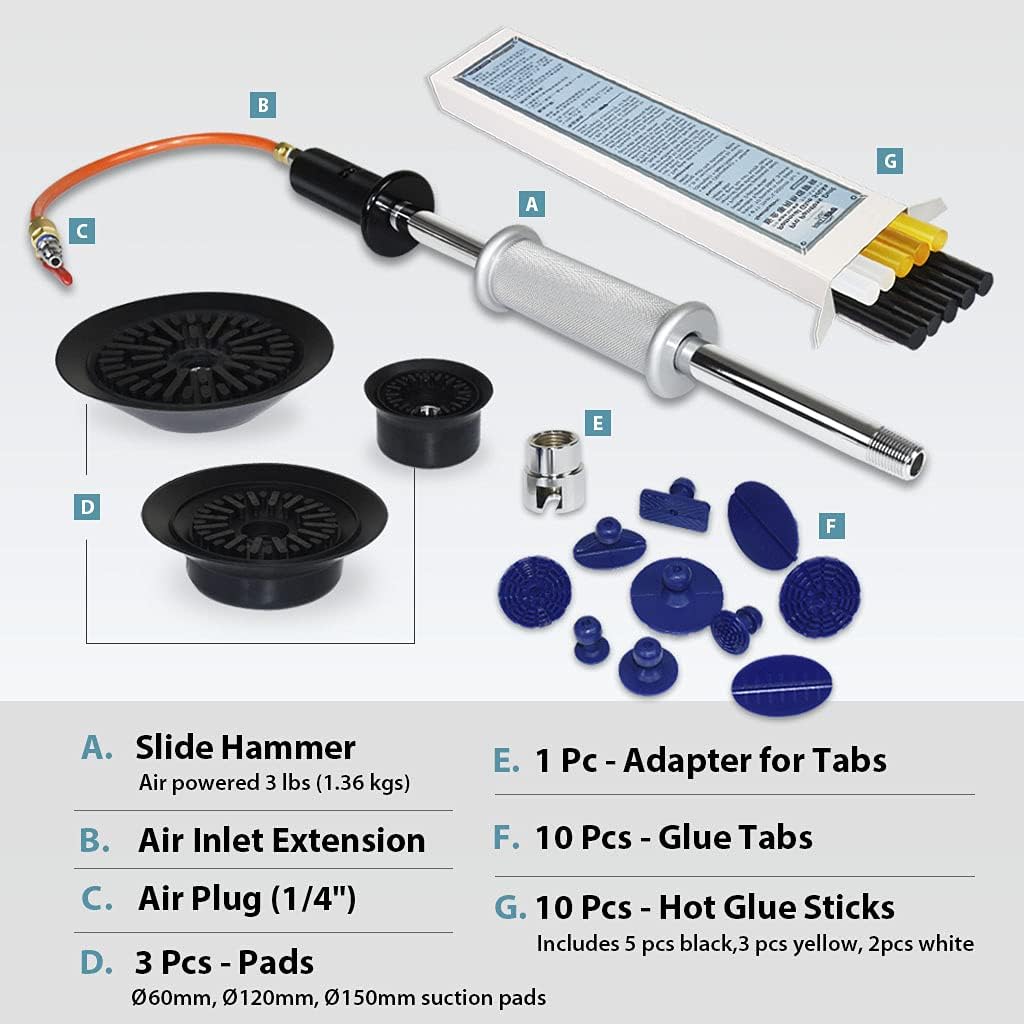 Pneumatic Dent Puller with 10 pcs Glue Tabs & Hot Glue Kit L16014