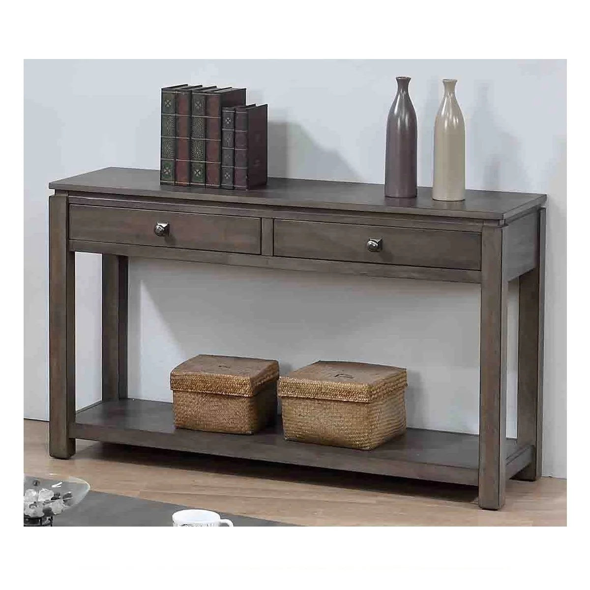 Gray Rectangular Wooden Sofa Console Table with Drawers and Shelf F4681