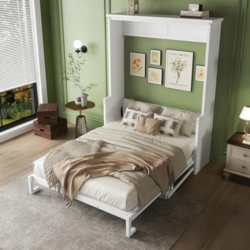 White Queen Size Wall Bed with Desk and Storage Shelf K696683