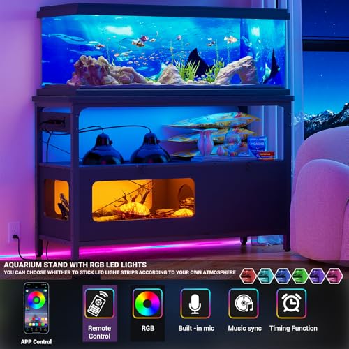 Gray Oak 49.2" Fish Tank Stand with LED Light and Lockable Door R862