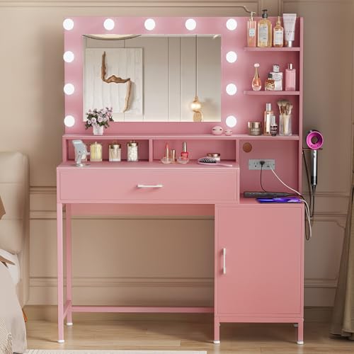White Vanity Desk with Mirror and Lights and Storage Drawer T928936