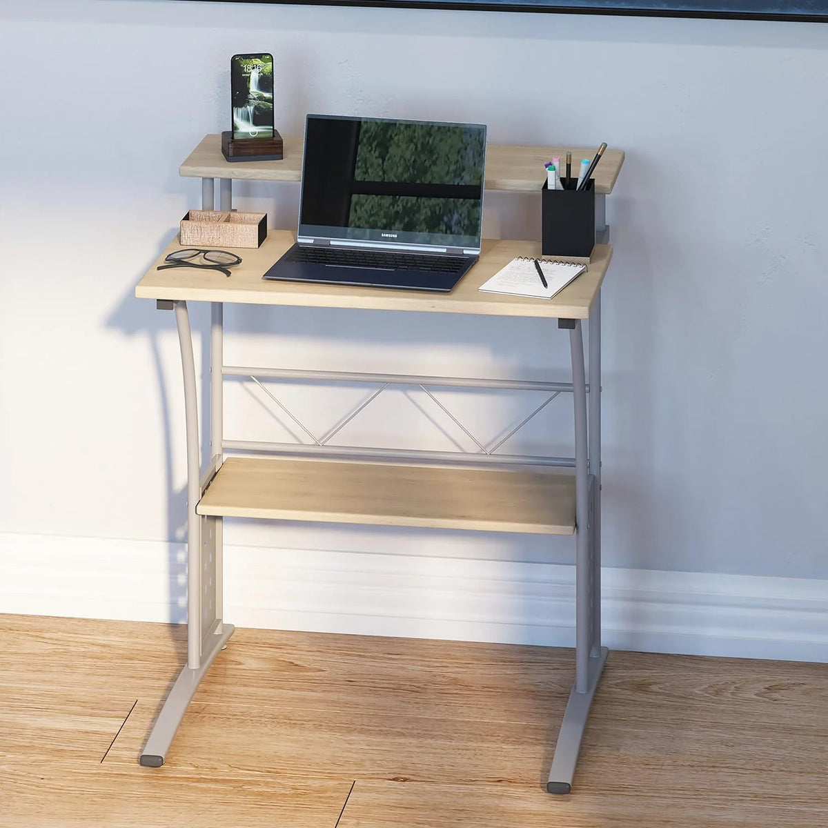 Black Silver Steel Frame Small Computer Desk with Raised Monitor Platform and Lower Storage Shelf L9738