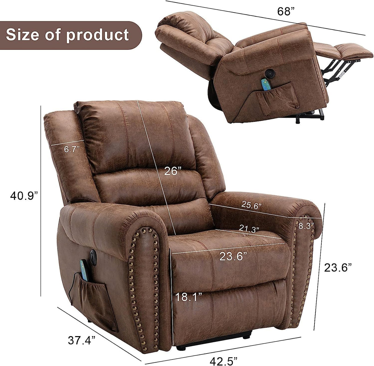 Brown Leather Oversized Power Lift Reclining Sofa I20482