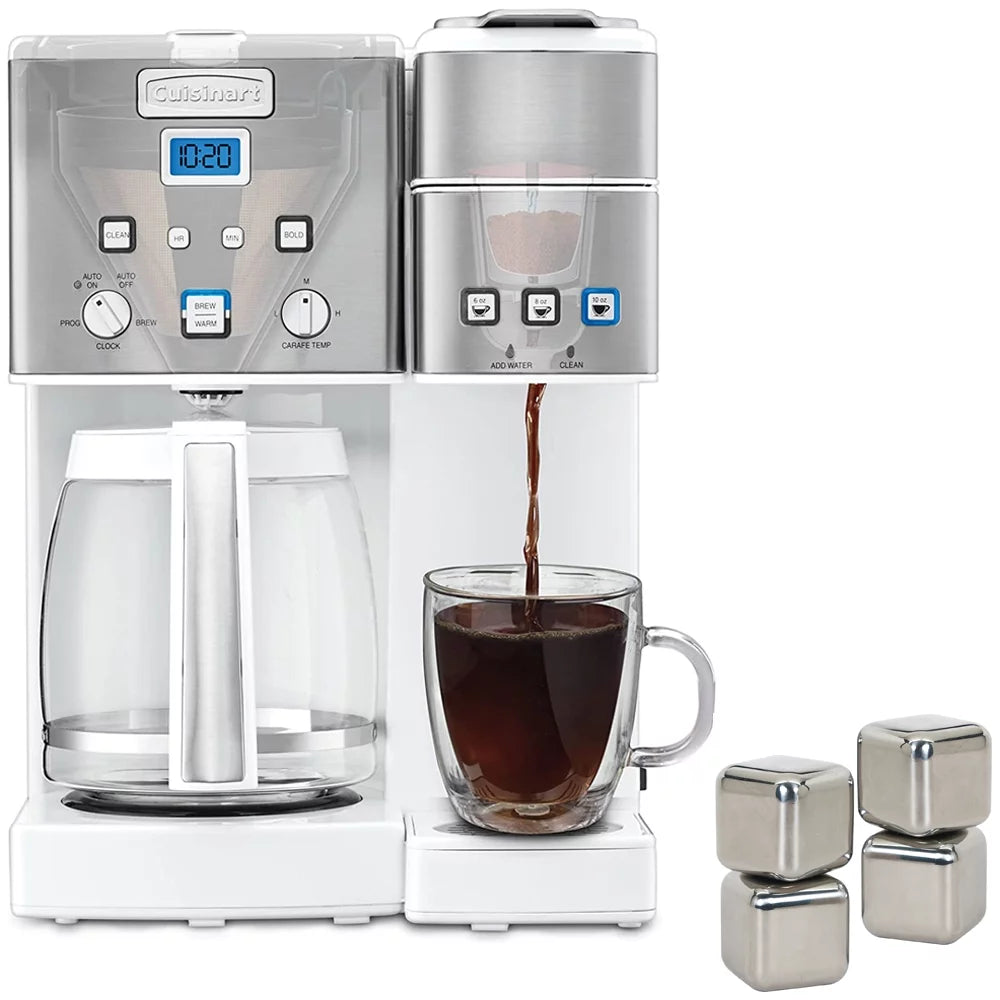 12-Cup Coffeemaker and Single-Serve Brewer, White Bundle with 4 Pack Reusable Stainless Steel Ice Cubes I28455