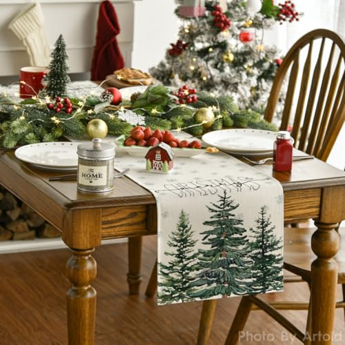 Beige Pine Tree Snowflake Merry Christmas Table Runner 13 x 72 Inch V7280