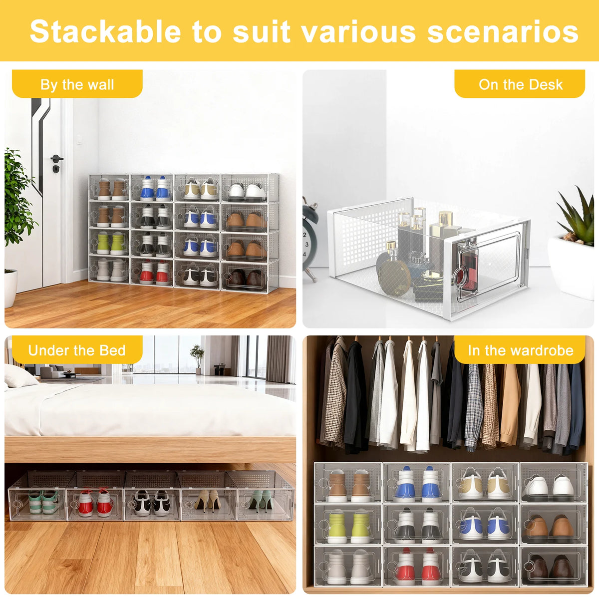 12 Pack Black Plastic Stackable Shoe Storage Box C55591