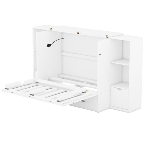 White Queen Size Solid Wood Murphy Wall Bed with Storage S847766