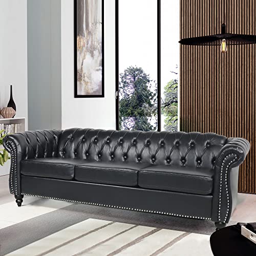 84" Dark Brown Leather Tufted 3 Seater Chesterfield Sofa I7578