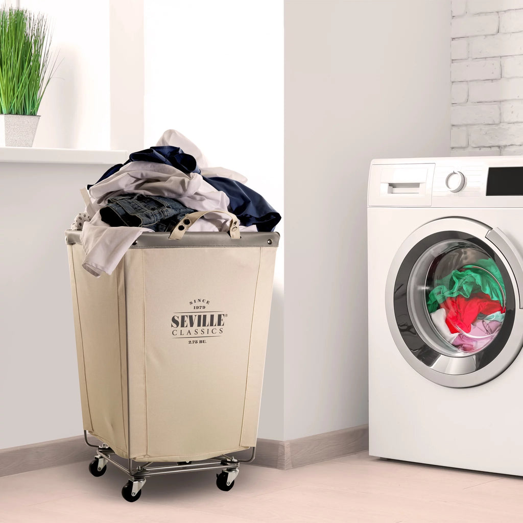Canvas Laundry Basket Hamper with Wheels, 18.25" D x 18.25" W x 27.5" H, Natural White K167