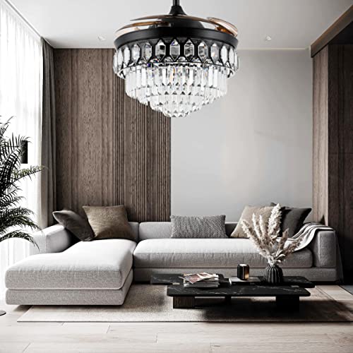48" Black Ceiling Fan with Lights and Remote Control Retractable LED Crystal X297