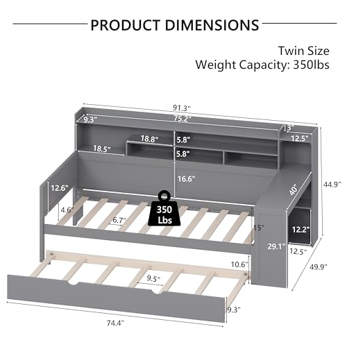 Gray Twin Corner Bed Frame with Storage Shelves and Desk C971