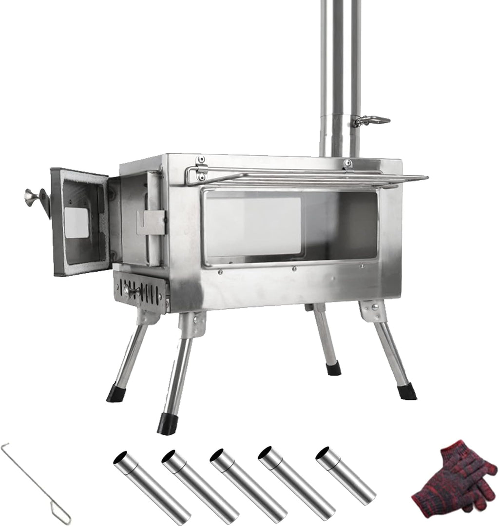 Stainless Steel Portable Wood Burning Stove with Chimney Pipes & Gloves R780210