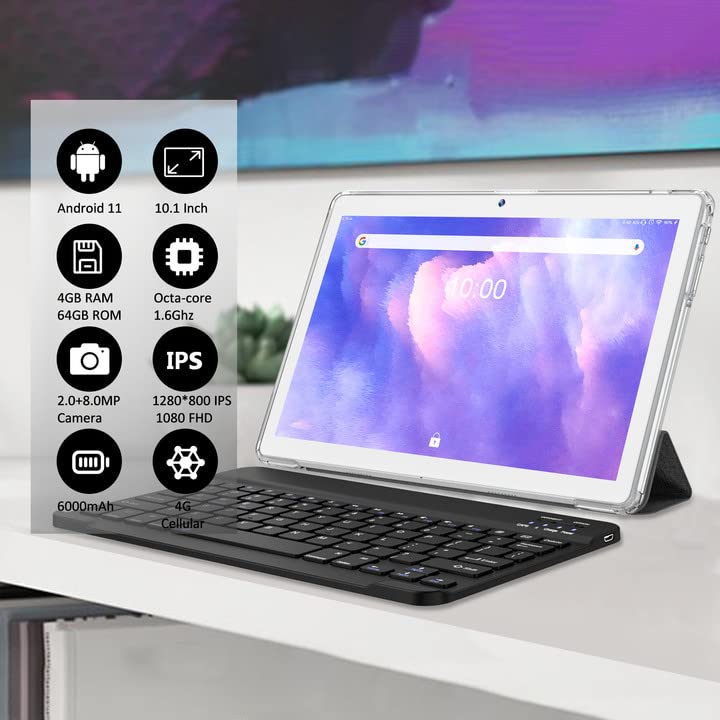 10.1 Inch Android Tablet with Keyboard 4GB RAM 64GB 128GB Expandable Silver W376