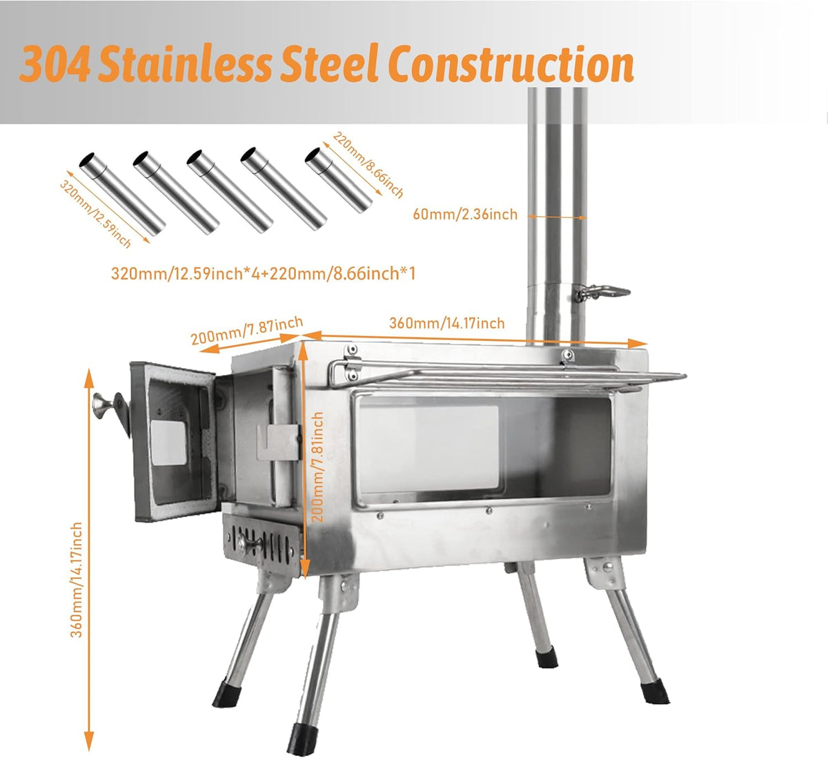 Stainless Steel Portable Wood Burning Stove with Chimney Pipes & Gloves R780210