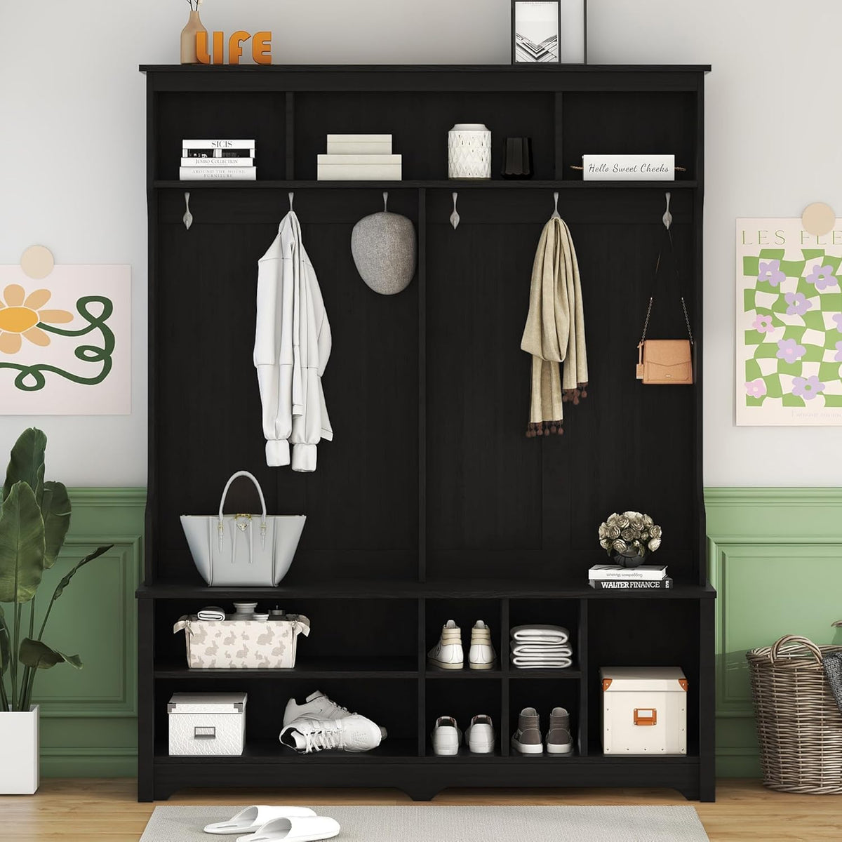 Freestanding Hall Tree with Metal Hooks and Storage Space, Black Coat Rack with Shoe Cubbies S1435