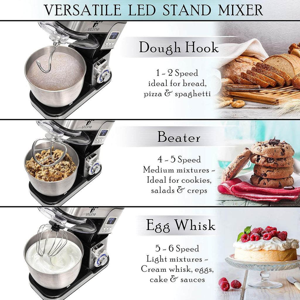 6 Speed 5.5 Quart Stainless Steel Stand Mixer with Dough Hook, Egg Whisk, Beater & Baking Spatula C57185