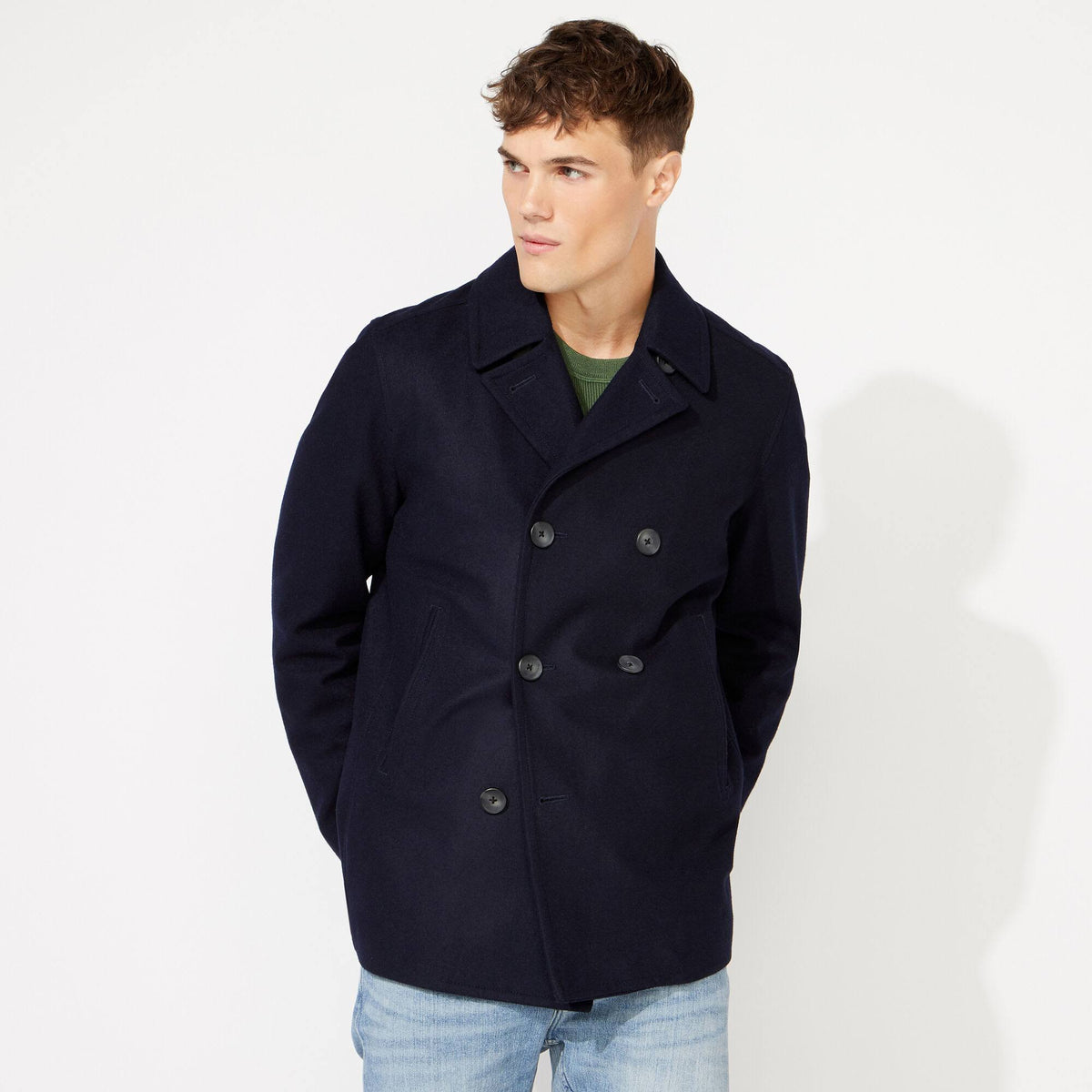 Dark Navy Men's Three-Button Pea Coat Q689