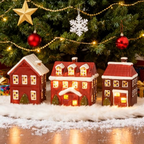Red Ceramic Christmas Village Houses Set of 3 Lighted M109