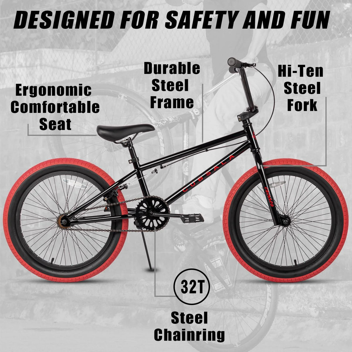 20 in Freestyle BMX Kids Bike Black with Red Tires U64212