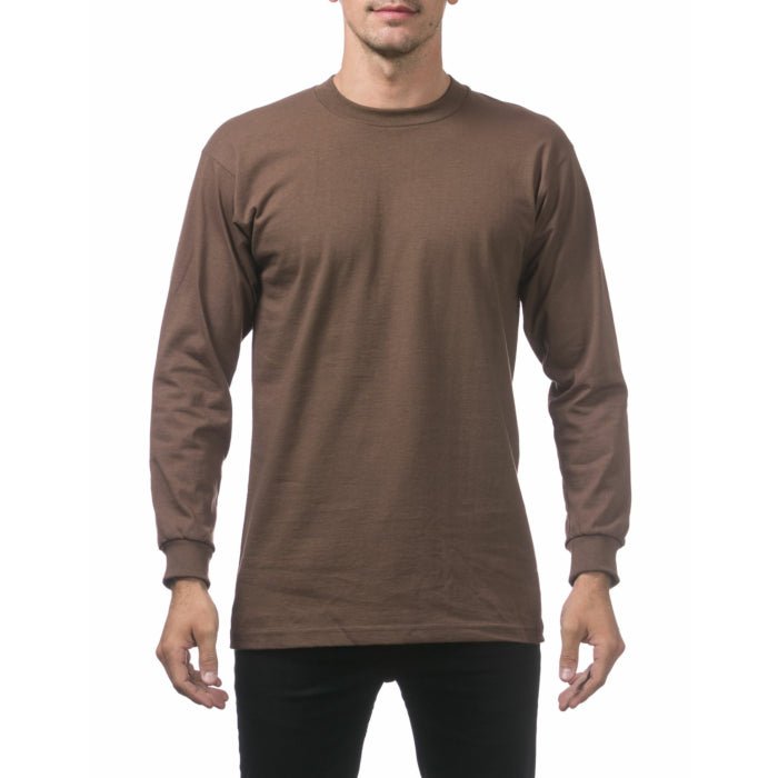 Pro Club Men's Heavyweight Cotton Long Sleeve Crew Neck T-Shirt Brown