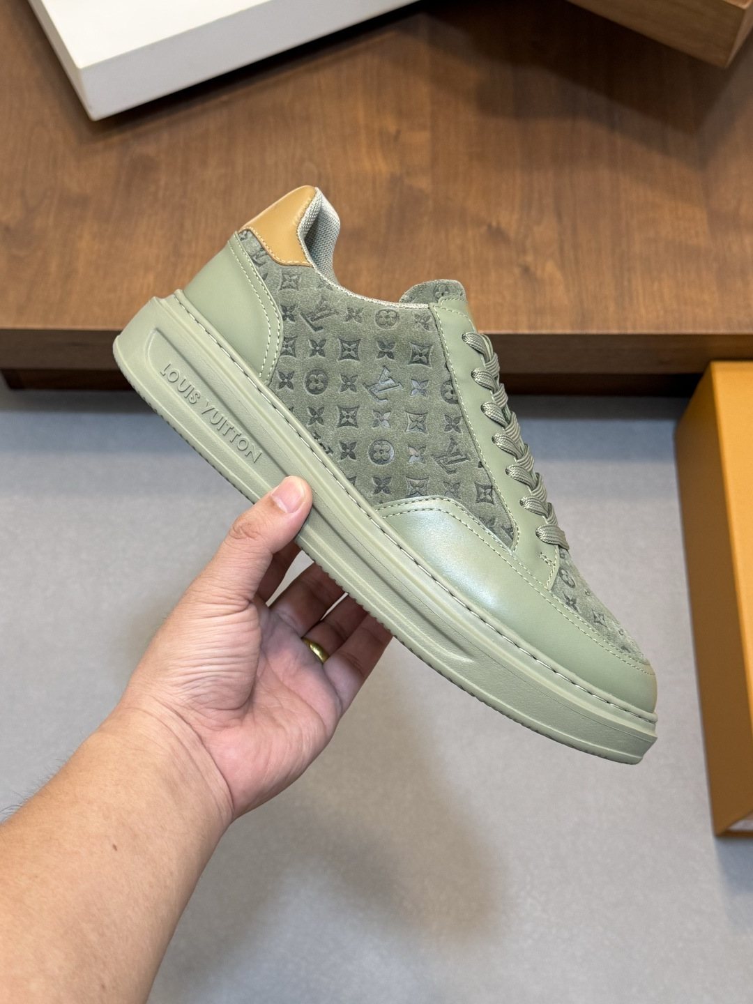 Louis Vuitton Men's Pale Olive Monogram Low-Top Sneakers